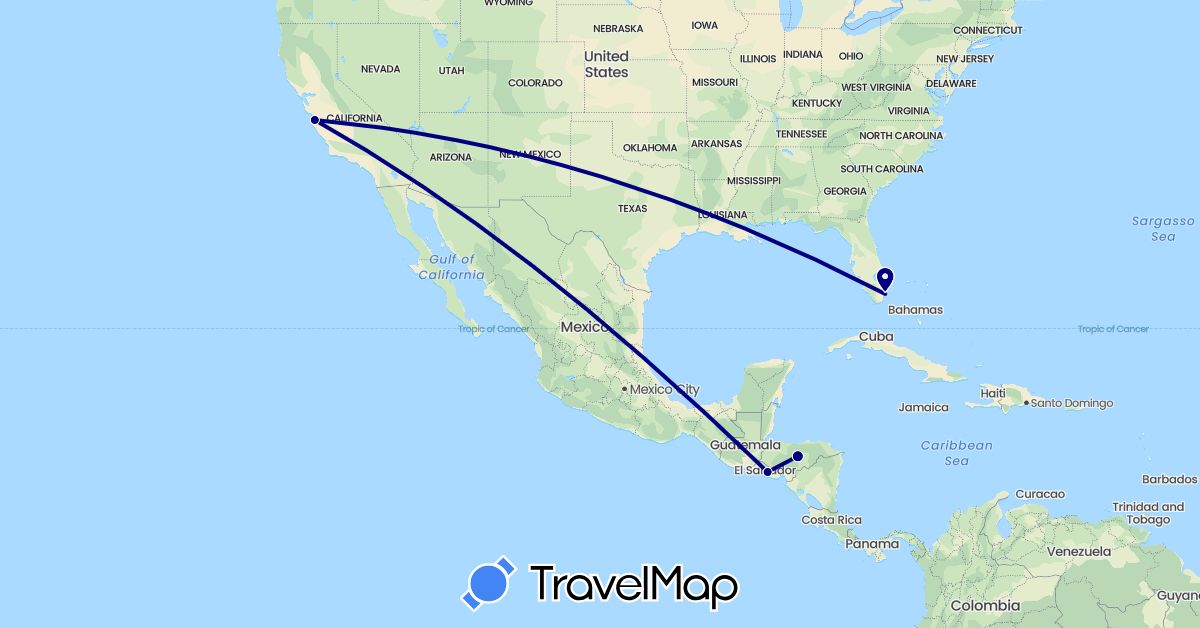 TravelMap itinerary: driving in Honduras, El Salvador, United States (North America)